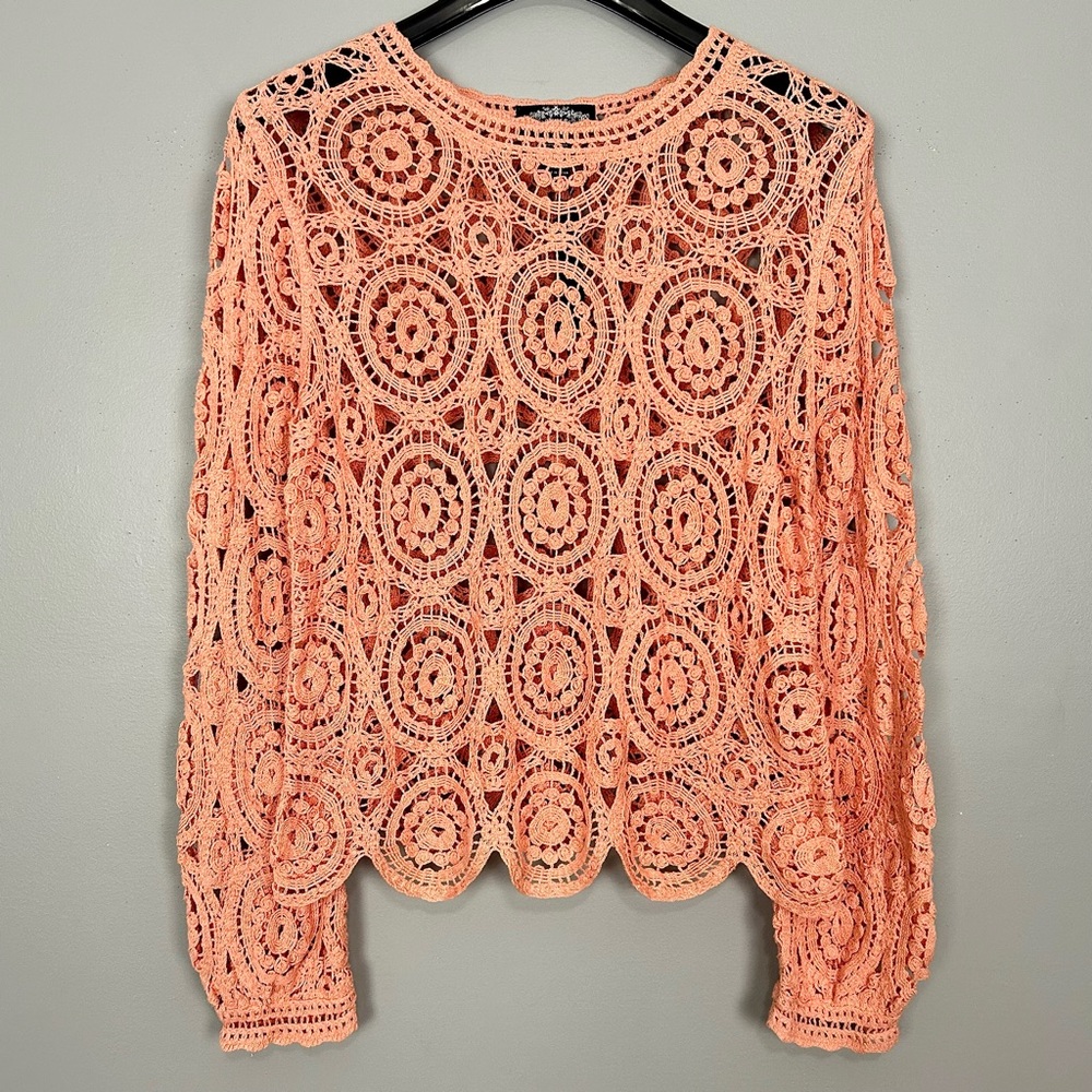 Oliver O Crochet Knit Pullover Women’s Size L Floral Boho 100% Cotton Sheer